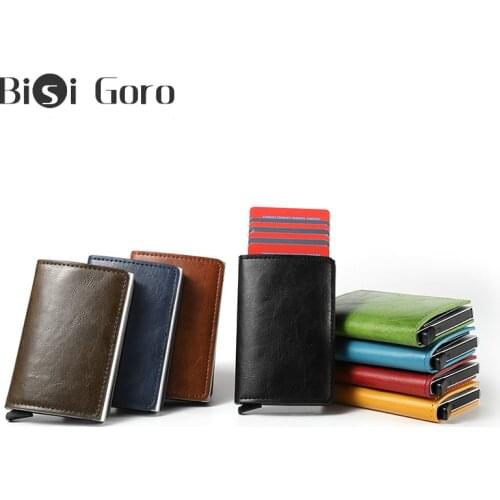 BISI GORO New RFID Credit Card Holder Wallet Men Women Metal Vintage Aluminium Crazy Horse PU Leather Bank ID Card Case With Box