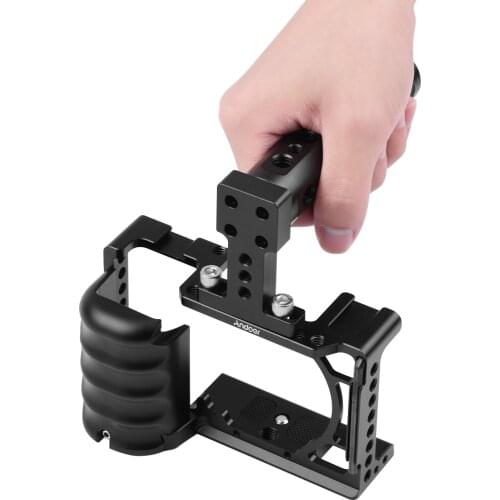 Andeor Video Camera Cage Rig with Handle Grip Cold Shoe Mount Universal 1/4 3/8 Threaded Holes for Sony A6000 A6100 A6300 A6400