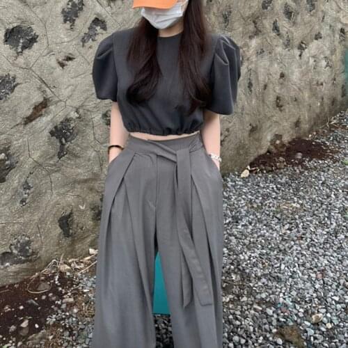 Summer Pants Sets Korean Two Piece Set Women Short Sleeve Crop Top and High Waist Bandage Long Pant 2 Pieces Ensemble Femme