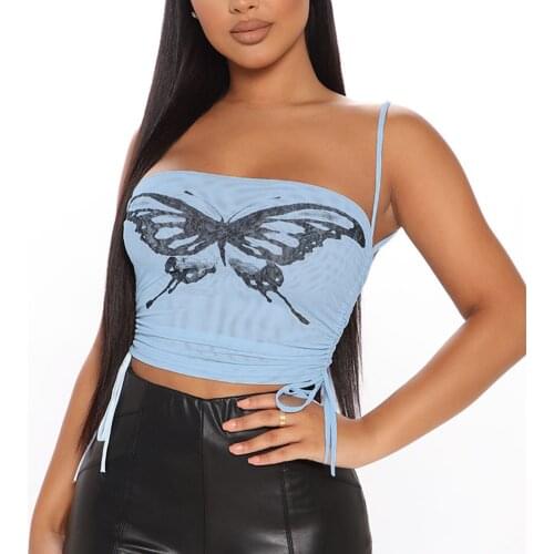 Summer Women Crop Tops Butterfly Mesh Sheer Sexy Cami Club Tank Tops Sleeveless Spaghetti Strap Side Drawstring Top