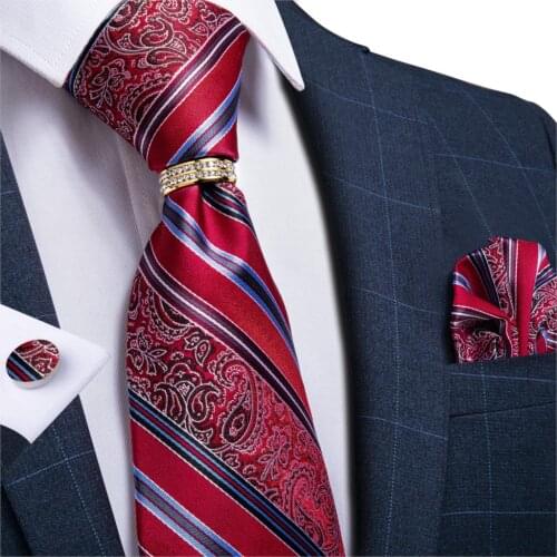 DiBanGu Mens Silk Wedding Tie Red Striped Designer Fashion Necktie For Men Necktie Ring Hanky Cufflink Set Business Party