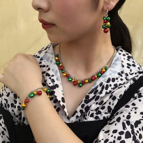4PCS Women Girls Christmas Jewelry Set Jingle Bell Necklace Bracelet Dangle Earring Colorful Bell Jewelry Set for Xmas Party