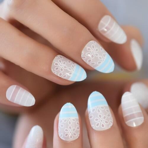 Light Color Designed Fake Nail Glue On Back Press On Nail Medium Almond Shape False Nail With Snowflake Pattern