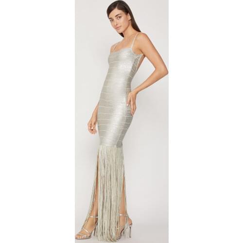 2021 New Fashion Women Sliver Green Sexy Bandage V Neck Elegant Party Dress