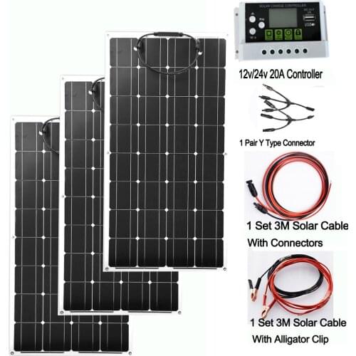 Newly 300w Diy solar home system kit 12V; flexible solar panel 100w 3pcs; 1*20A solar charge controller; 1 set solar cable 3M