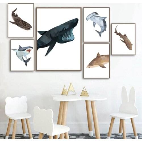 Shark Prints Ocean Sea Animal Nursery Canvas Posters Hammerhead Great White Art Canvas Painting Pictures Kids Room Decor