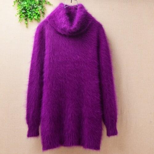 Ladies women fashion hairy plush mink cashmere knitted long sleeves turtleneck slim blouses pullover angora fur jumper sweater