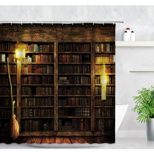 Retro Bookshelf Shower Curtains Fabric Bath Screens Broom Candle Magic Fairy Tale Scenery Modern Children Bathroom Decor Curtain
