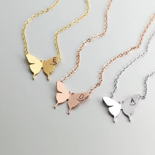 Delicate butterfly initial letter necklace Initial Necklace Stainless SteelGoldNecklaceGive girls couple jewelry gifts