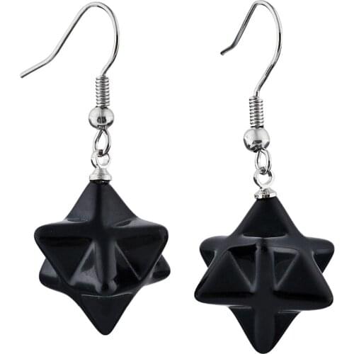 TUMBEELLUWA Black Onyx Merkaba Star Dangle Drop Hook Earrings Healing Reiki Jewelry