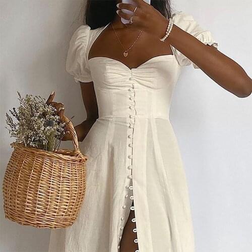 Vintage Solid Color Button Mid-length Dress Sexy Party Club Bodycon Off-shoulder High-waist Womens Dress Summer Casual Dress