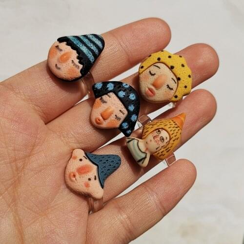 VG 6YM 2021 New Acrylic Ring Girl Cartoon Creative Cute Doll Ring Polka Dot Stripe Funny Character Fun Jewelry Wholesale
