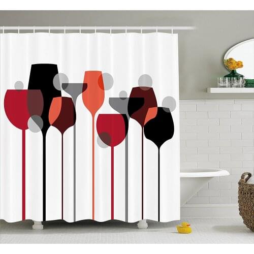 Wine Shower Curtain Stylized Abstract Wine Glasses Silhouettes with Dots Alcohol Drink Modern Artistic Home Decor Bath Curtains