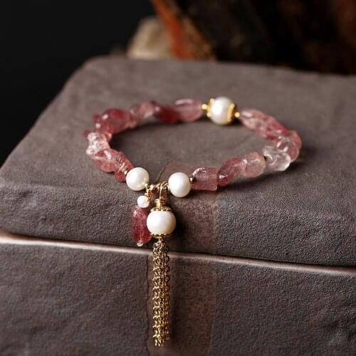 Women Strawberry Crystal Freshwater Pearl Bracelets For Women Natural Gemstones Tassel Pendant Bracelet Jewelry Gift For Friend
