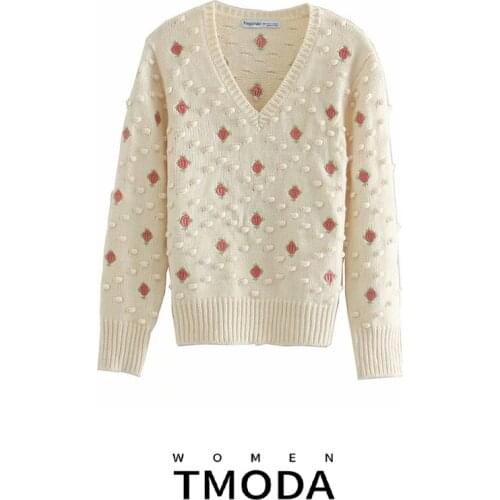 TMODA847 ZA Women 2021 Sweet Fashion Floral Embroidery Knitted Sweater Vintage V Neck Long Sleeve Female Pullovers Chic Tops