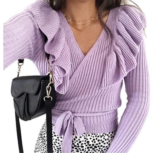 Autumn Winter Women V Neck Long Sleeve Ruffles Knitted Sweater Bandage Pullover