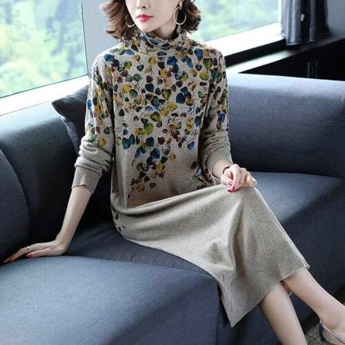 Winter Fall Fashion Elegant Women Turtleneck Printed Pattern Long Sweater Dress , Womens Female Loose Stretch 3xl Knit Dresses