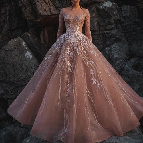 Champagne prom dresses 2020 v neck long sleeve beading pearls crystal ball gown long evening dresses gowns