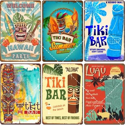 Personality Tiki Bar Tin Sign Retro Beach Party Bar Pub Wall Plaque for Bar Wall Decor Metal Plate Hawaii Surfing Beach 8x12inch