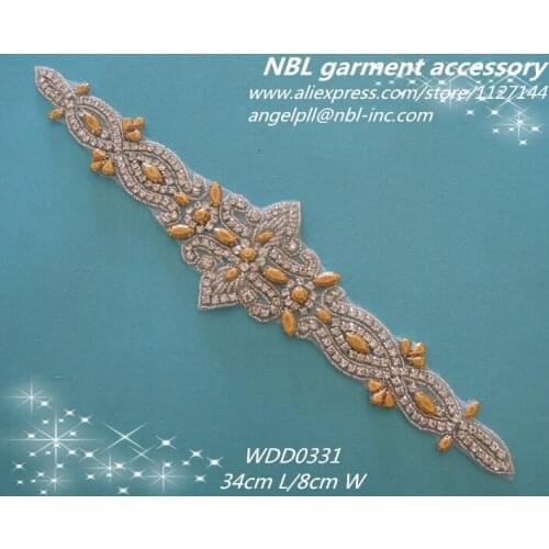 Gold clear crystal bridal beaded rhinestone sash applique for wedding dress WDD0331