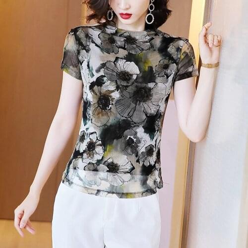 100% Silk Top Female T-shirt Vintage Floral Short Sleeve T-shirts Plus Size Women Clothing 4xl 2021 Camisetas De Mujer Pph4167