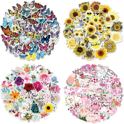50pcs Sea Turtle Sun Flower Butterfly Stickers Aesthetic For Notebooks Stationery Waterproof Personalized Sticker Craft Supplies