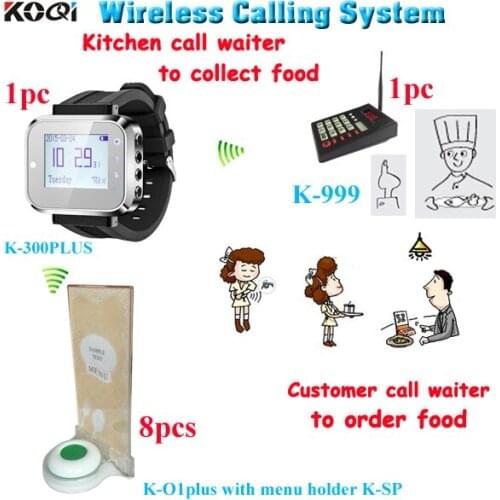 Wireless buzzer kitchen call waiter customer calling system with 1 keypad for cooker 1 smart watch 8 call bell with menu holder