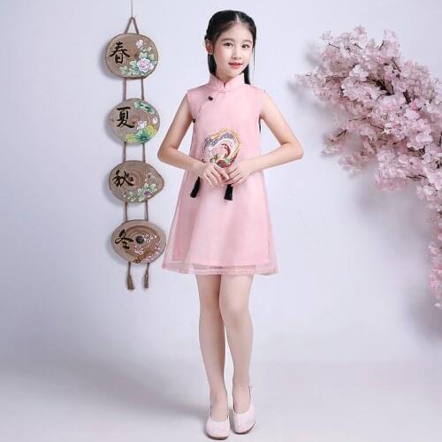 Summer Children Sleeveless Cheongsam Short Dresses Princess Yarn Skirt Girls Birthday Pink Vintage Gown Chinese Dress Qipao