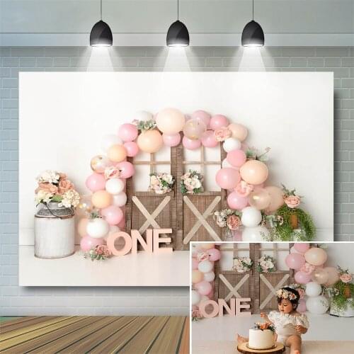Newborn 1st Birthday Photography Background Kids Cake Smash Party Theme Backdrop Wood Door Child Pink Curtains Photo Studio