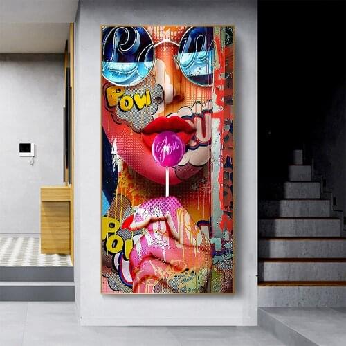 Hot Sale Blue Hair Red Lips Colorful Face Sexy Abstract Woman Canvas Decorative Painting Wall Art Girl Poster for Living Room
