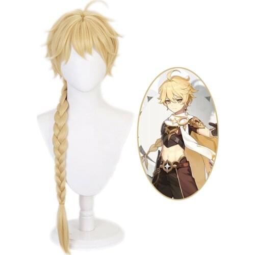 Game Genshin Impact Aether Traveler Golden Long Braid Wig Cosplay Costume Heat Resistant Hair Men Women Carnival Party Wigs