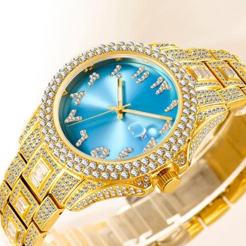 MISSFOX Gold Iced Out Blue Sunbrust Watches For Men Silver Fashion Mans Watch Dial Dropshipping Wristwatches Relogio Masculino