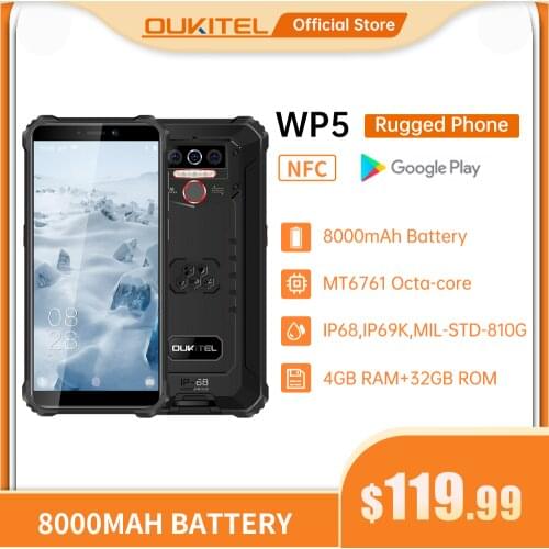 OUKITEL WP5 4G Rugged SmartPhone Quad Core 4GB 32GB 8000mAh Mobile Phone 5.5 Inch Waterproof MT6761 Triple Camera Phone