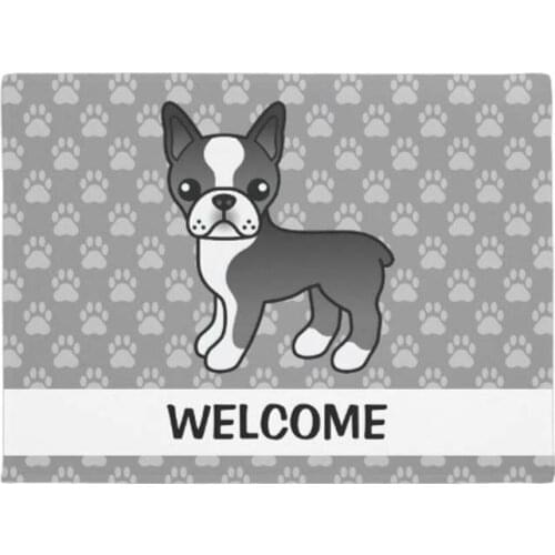 Personalized Black Boston Terrier Dog With Welcome Text Door Mat Machine Washable Non Slip Mats Bathroom Carpet