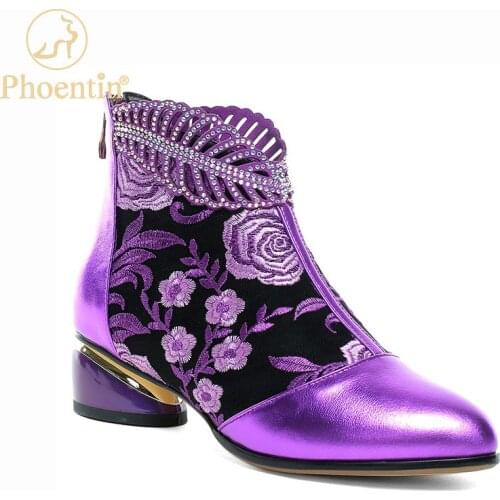 Phoentin women embroidered ankle boots genuine leather mid heels ethnic style shoes Flower pattern purple blue short boot FT1221