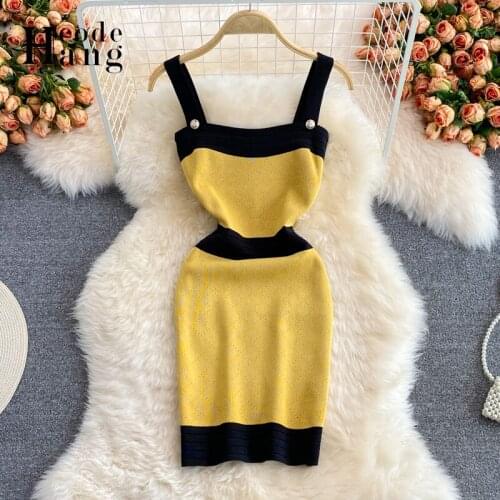 HangCode Striped Mini Dress Women Spaghetti Strap Button Knit Sexy Club Tank Dress Bodycon Womens Summer Dresses Vestidos