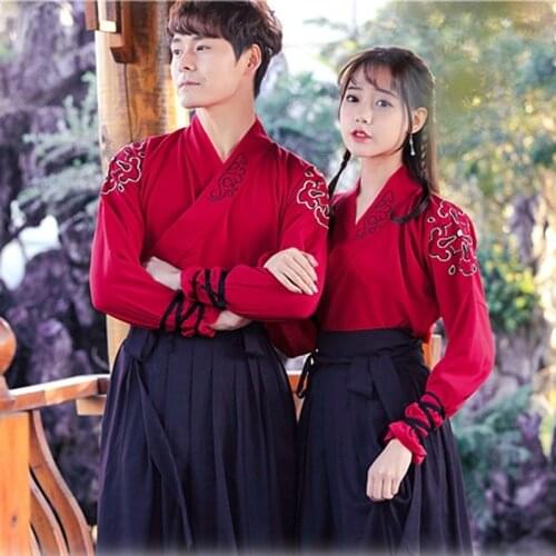 Daily Hanfu couples wear mens and womens embroidered cross collar top Ru skirt bow dress students class uniform