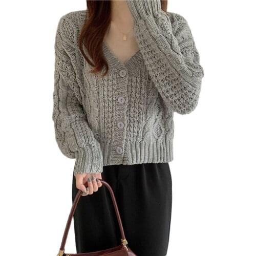 Casual sweater cardigan linen pattern V-neck loose short knit jacket all-match female 2021 autumn fashion womens clothing