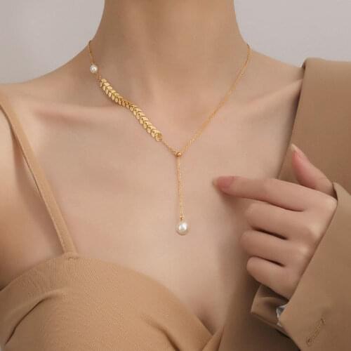 Rose Gold Wheat Ear Pearl Tassel Pendant Necklace Titanium Steel Jewelry Woman Birthday Gift Never Fade Drop Shipping