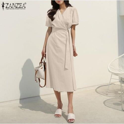 Womens Summer Sundress 2021 ZANZEA Elegant Midi Dress V neck Puff Sleeve Vestidos Belted Female Solid Robe Femme Oversize