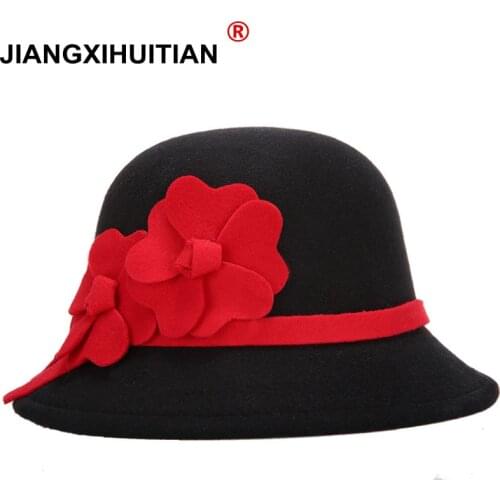 2017 Hot Female Winter Woolen Vintage Floral Womens Fedoras Felt Hats Fashion French Bowler Sombrero Fedora warm Hat For Women