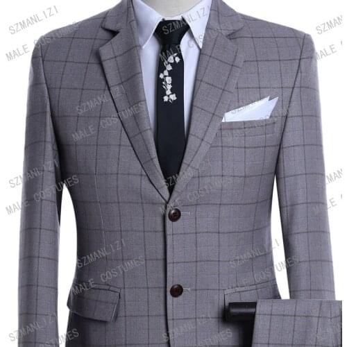 Custom Made Tuxedos 2019 Slim Fit Formal Mens Fashion Plaid Groom Wedding Dress Suits 2 Piece Suits Mens Business Suits