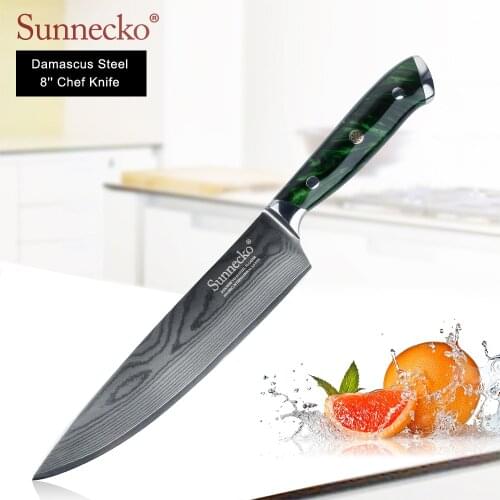 SUNNECKO Damascus 8'' Chef Knife Japanese VG10 Steel Blade Kitchen Knives Resin Handle Sharp Meat Cutter Chefs Cooking Knives