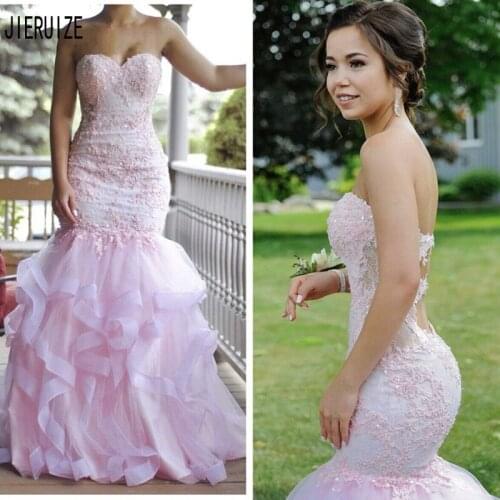 JIERUIZE Gorgeous Pink Mermaid Wedding Dresses Sweetheart Lace Appliques Backless With Ruffles Train Bridal Gowns robe de mariee