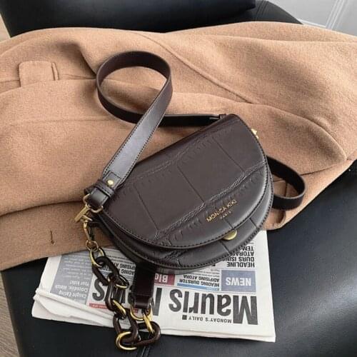 Vintage Crocodile Effect Push Lock Saddle Crossbody Bags For Women Semicircle Half Moon Chain Link Small Ladies Shoulder Bags