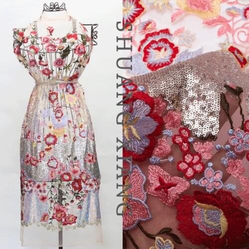 High quality African Brocade flower sequin embroidered mesh lace fabric wedding dress cheongsam costumes fabric