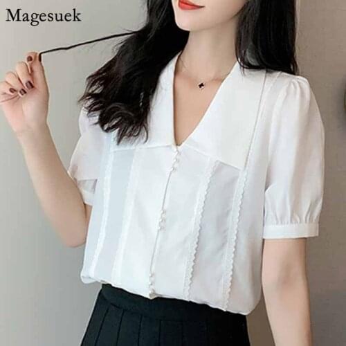 2020 Summer Short Sleeve Chiffon Blouse Fashion V-neck Woman Shirt Solid Korean Top Puff Sleeve White Shirt Women Cardigan 10292