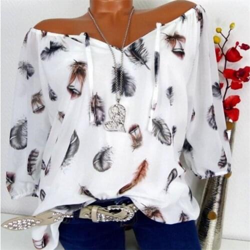 5XL Plus Large Size Womens Blouses Summer Tops New Leisure Blouse White Loose Feather Print V Neck Half Sleeve Shirts HC105