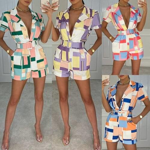 Sexy Bodycon Tie Dye Rompers For Women Short Sleeve Lapel Neck Button Down Color Matching Self-Tie Short Jumpsuit