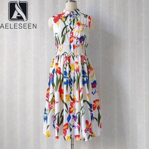 AELESEEN Summer Beach Dress Women Sleeveless Turn-Down Collar Colorful Flower Print Waist Elastic Long Holiday Dress